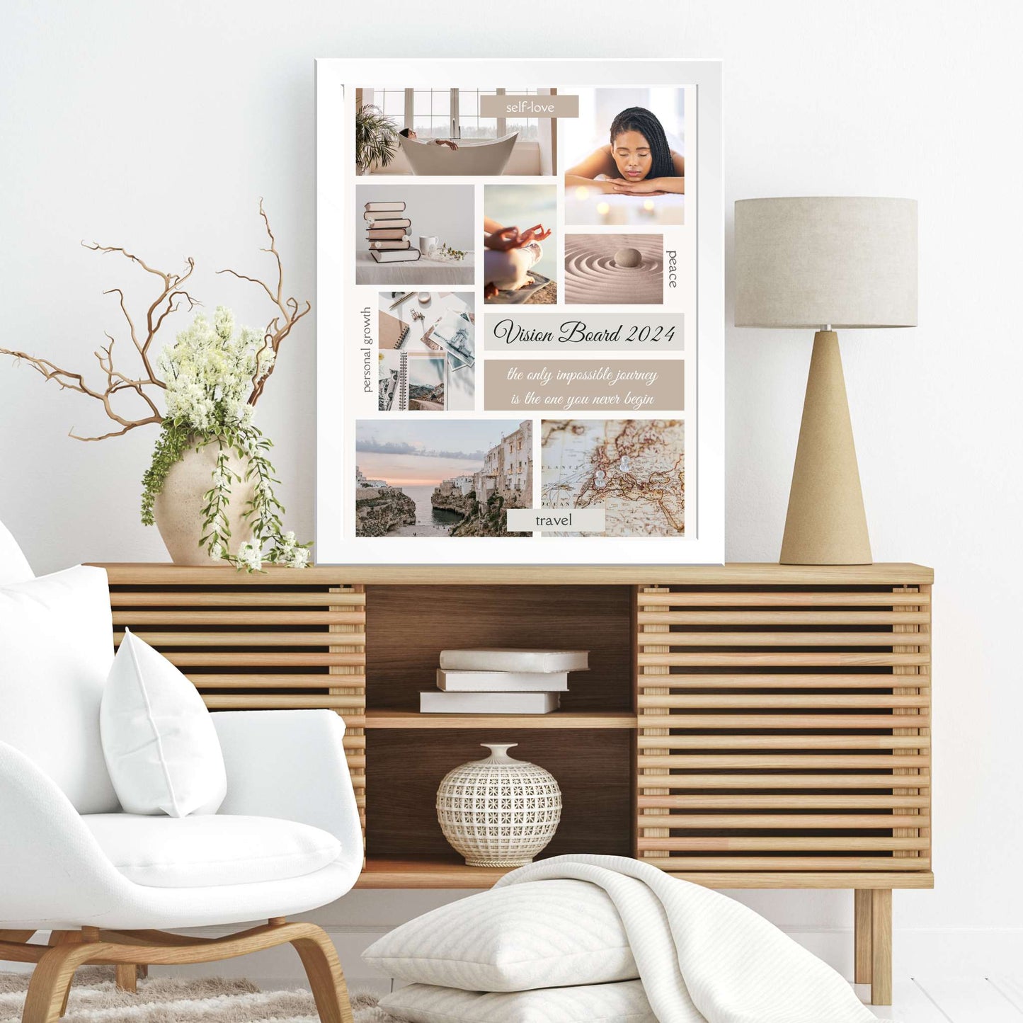 Aesthetic Beige vision board poster in frame in modern room