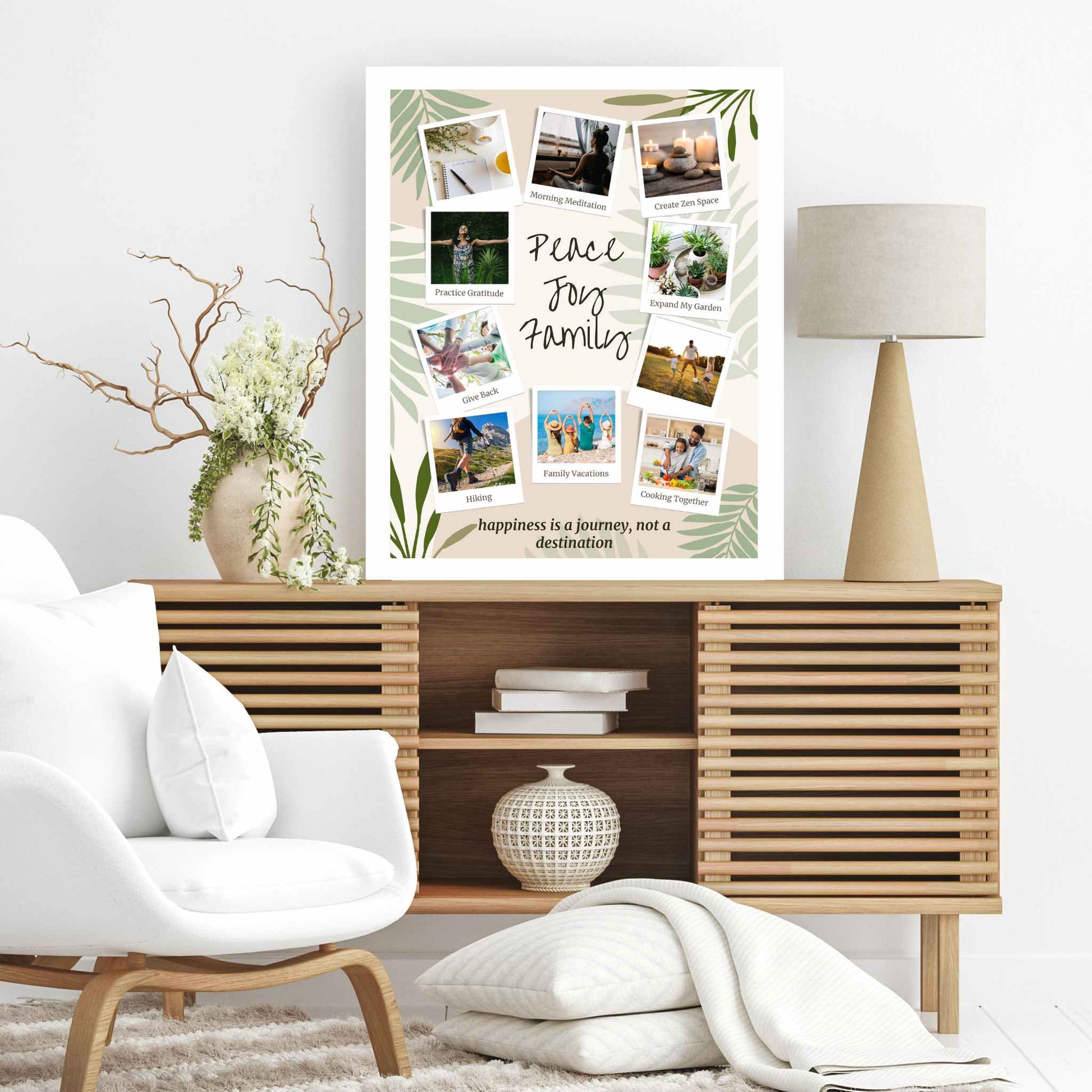 Botanical design vision board in frame on wall of modern interior room