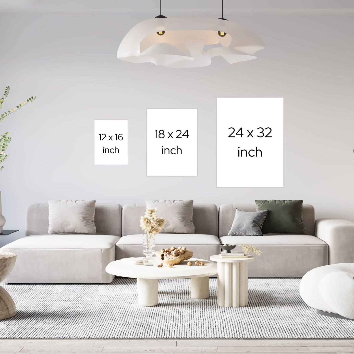 Vision board poster sizes 12 x 16, 18 x 24, and 24 x 32 comparison shown on an interior wall