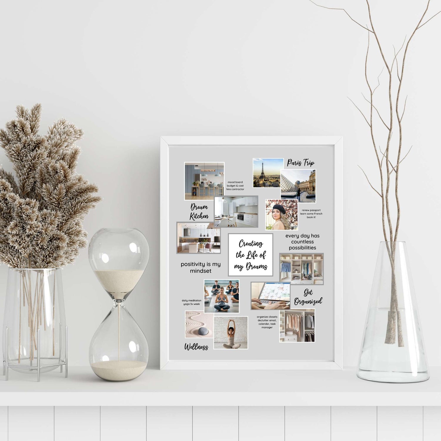 Collage style vision board in frame leaning on shelf