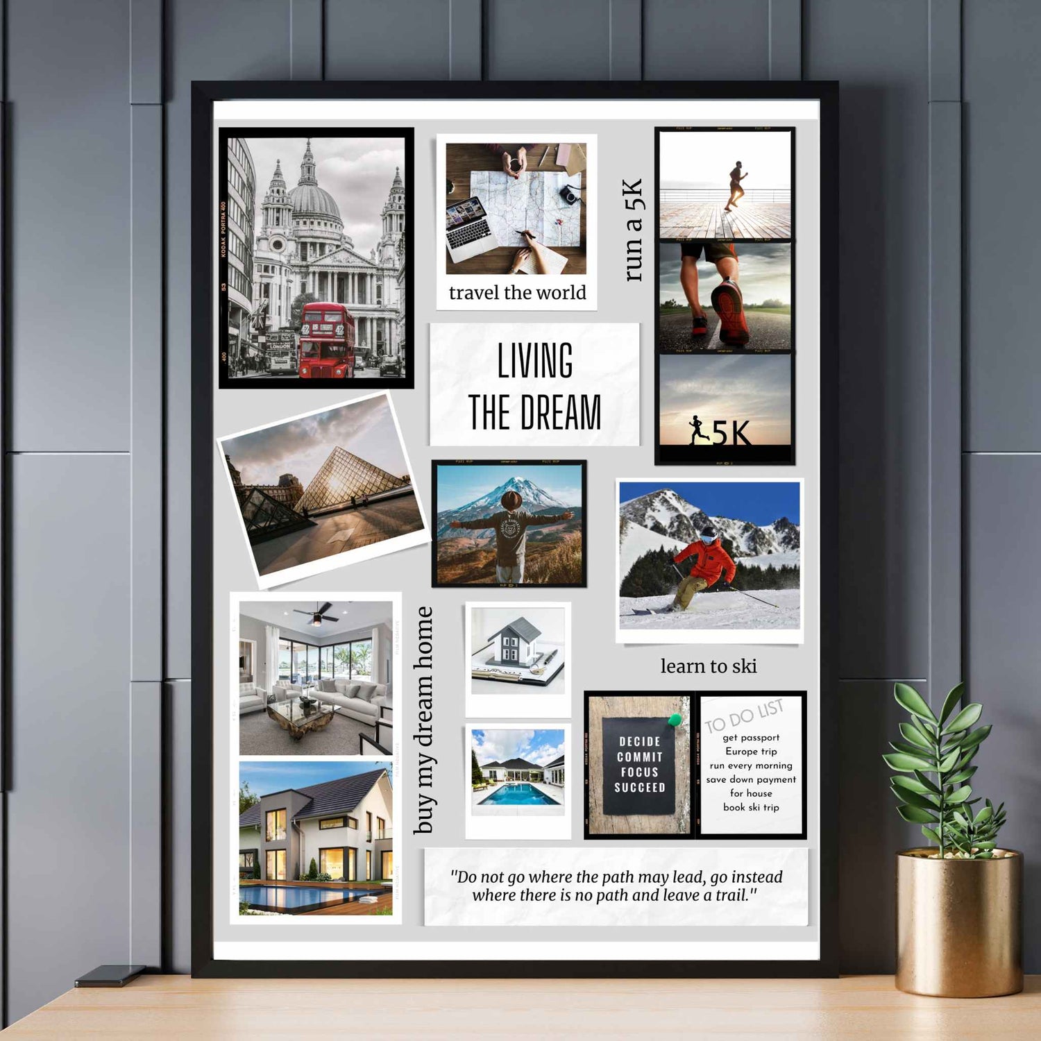 Scrapbook vision board design in frame on wall