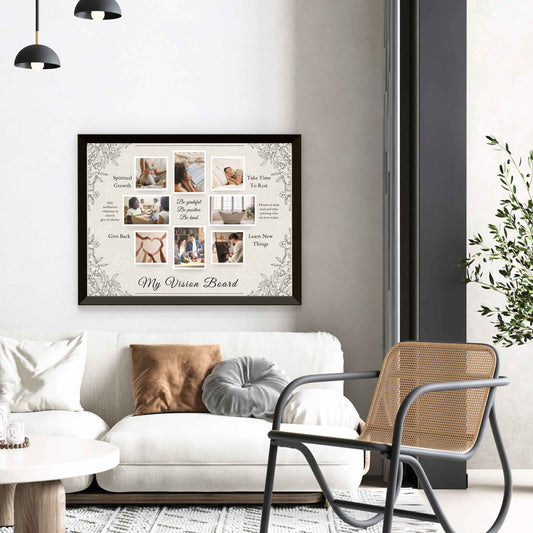 Vintage Garden vision board poster in frame on modern interior wall