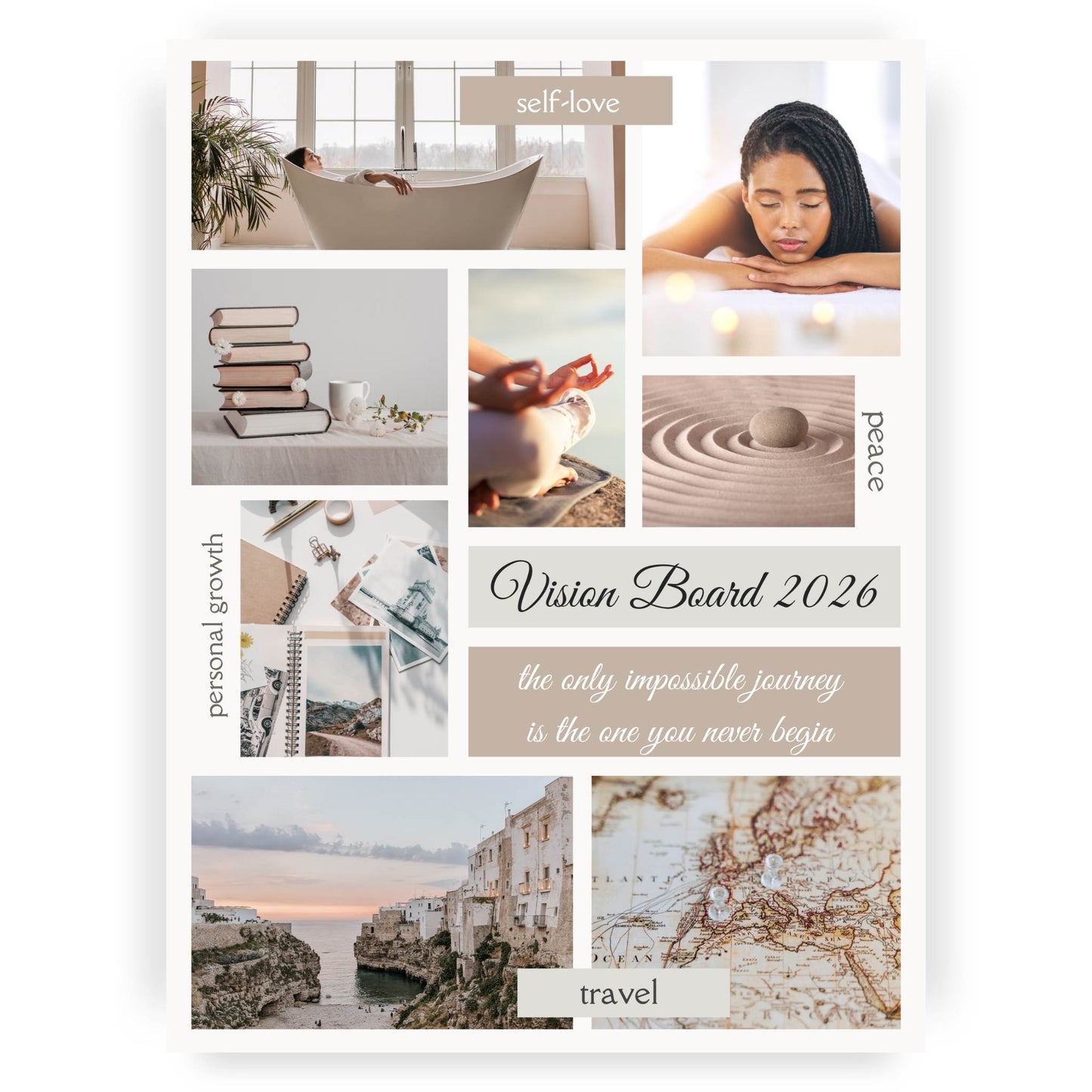 Aesthetic vision board collage with various images and text on a beige background