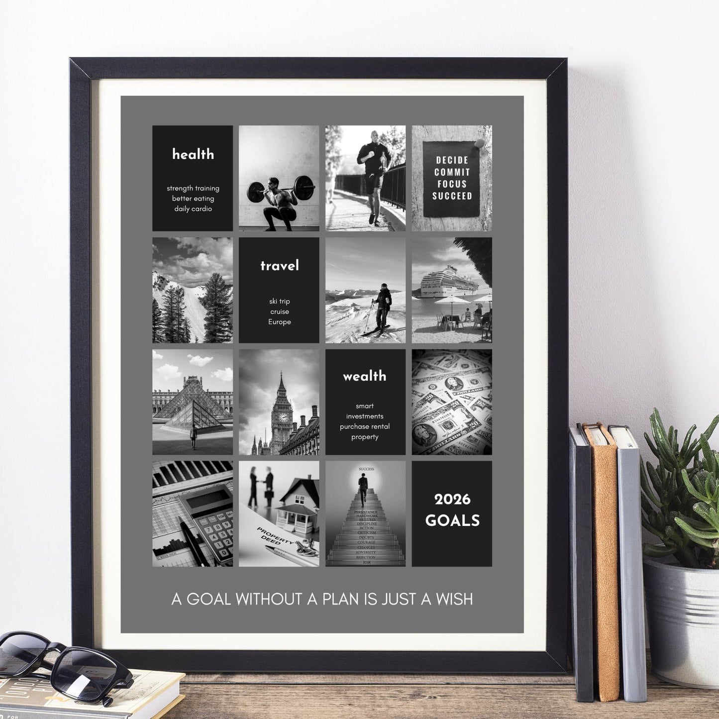 Framed vision board with collage of images with motivational text on a wall.