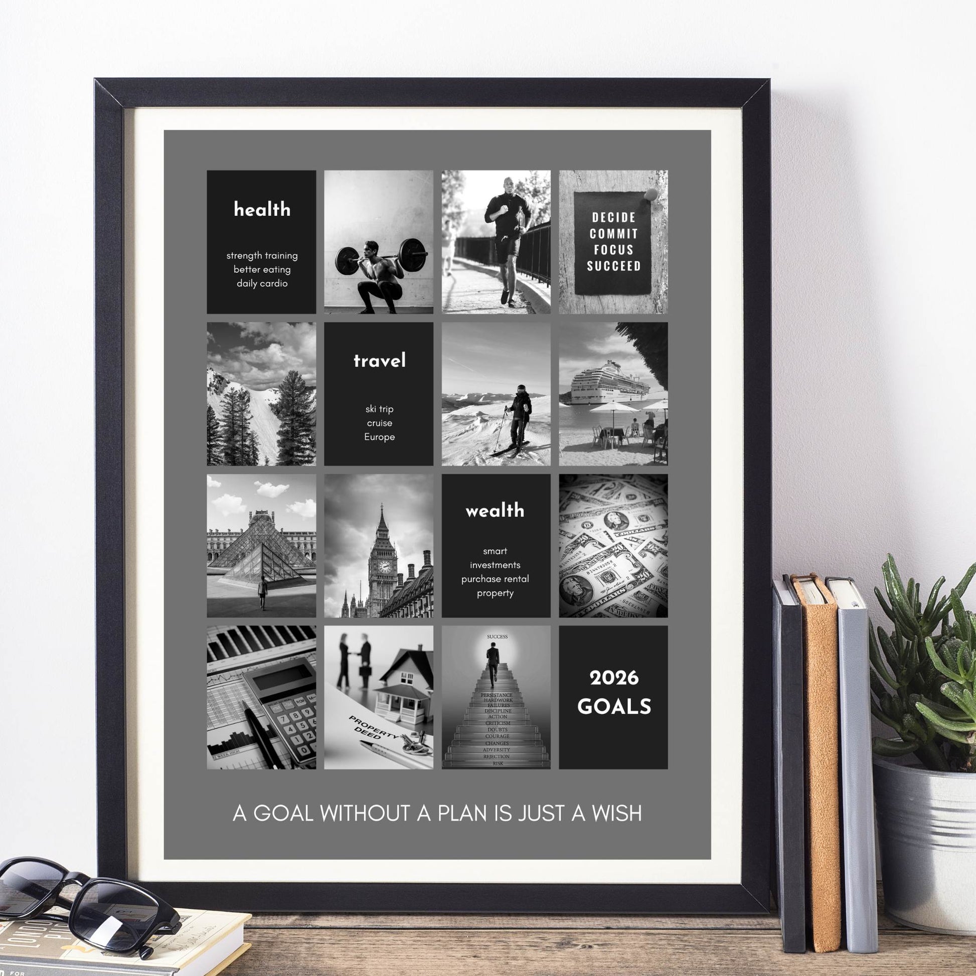 Framed vision board with collage of images with motivational text on a wall.