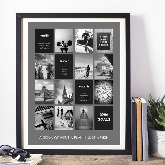 Framed vision board with collage of images with motivational text on a wall.