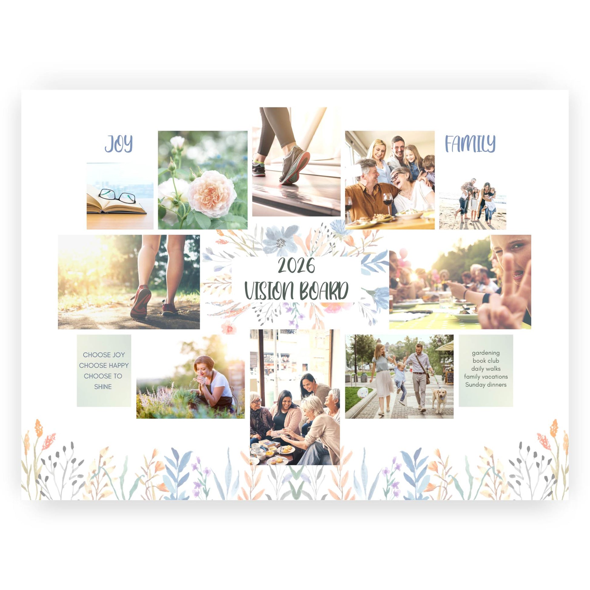 Collage of photos and text on a floral background with '2026 Vision Board' theme.
