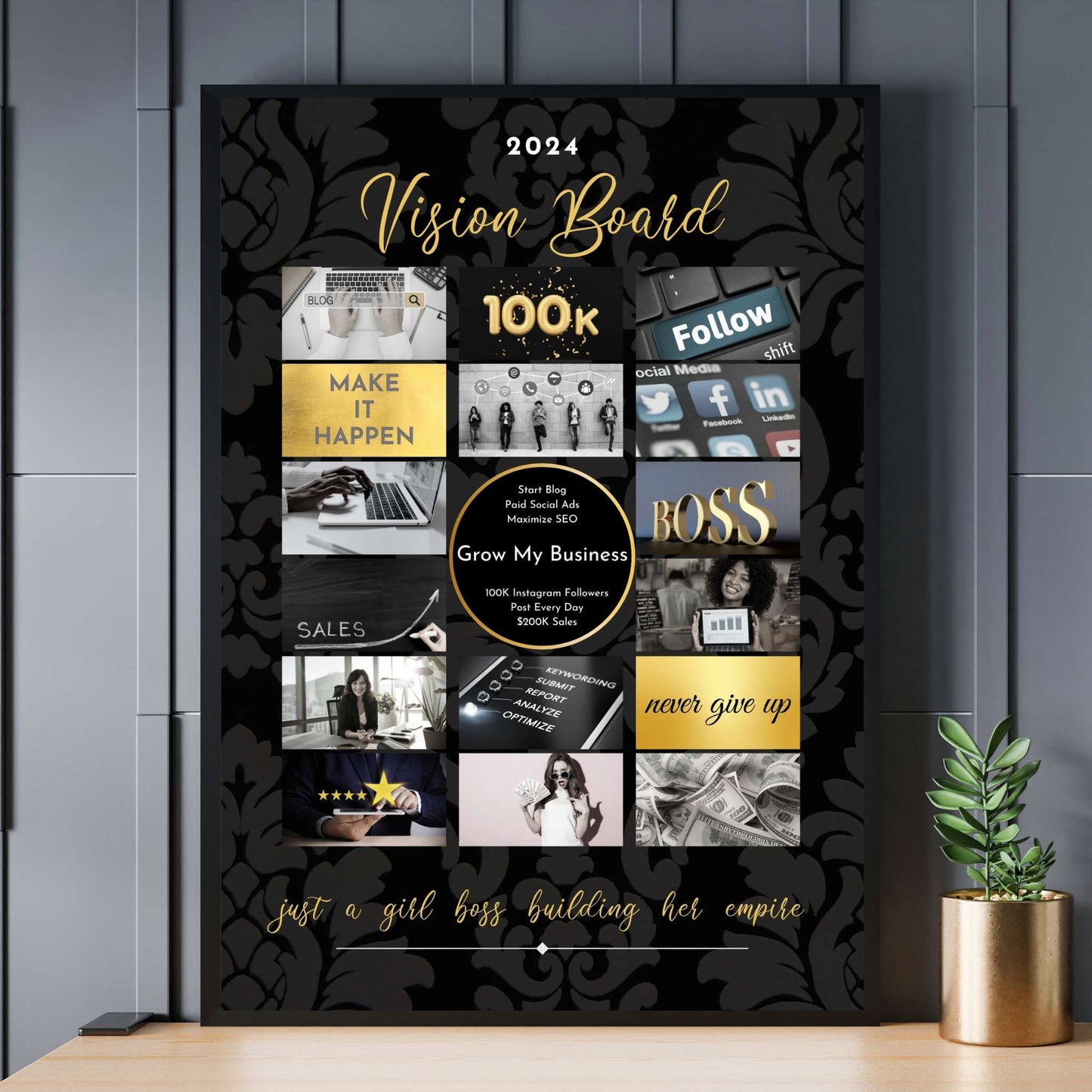 Black and gold vision board design in frame on shelf against modern interior wall