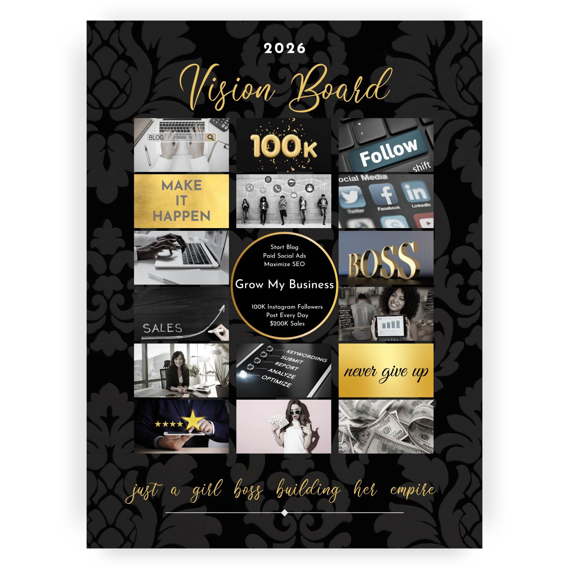 Vision board with motivational phrases and images on a black background