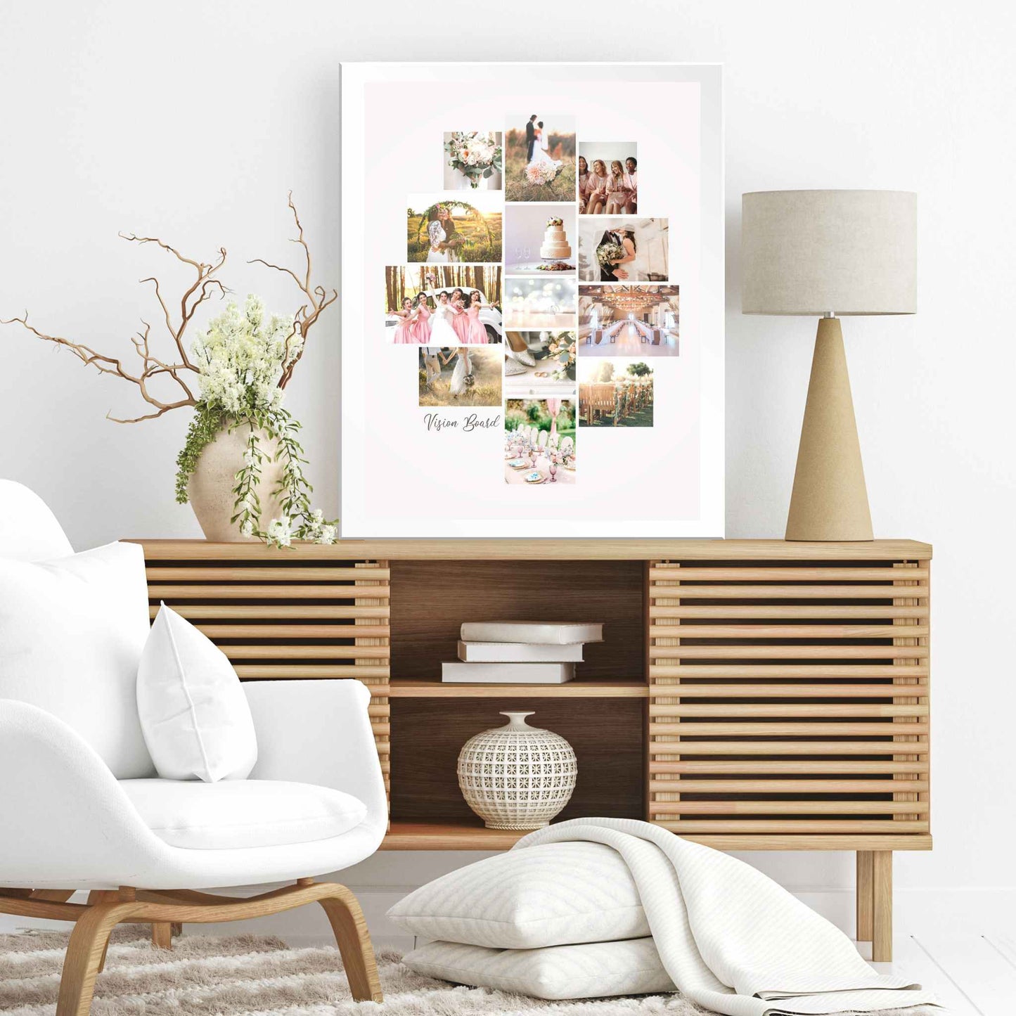 Modern mood board style vision board design in frame on wall in modern interior room