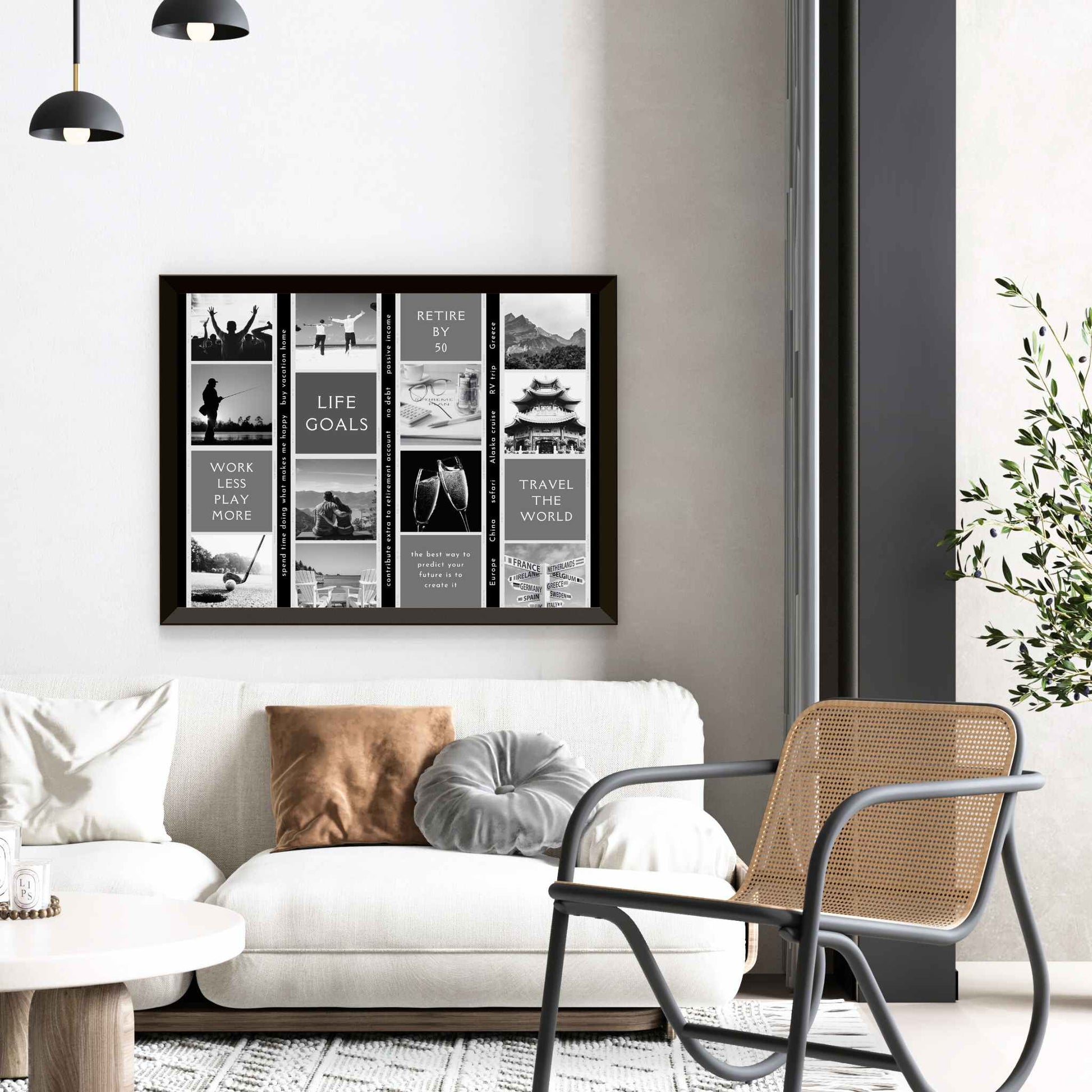 Photo Reel vision board design in frame hanging on modern interior wall