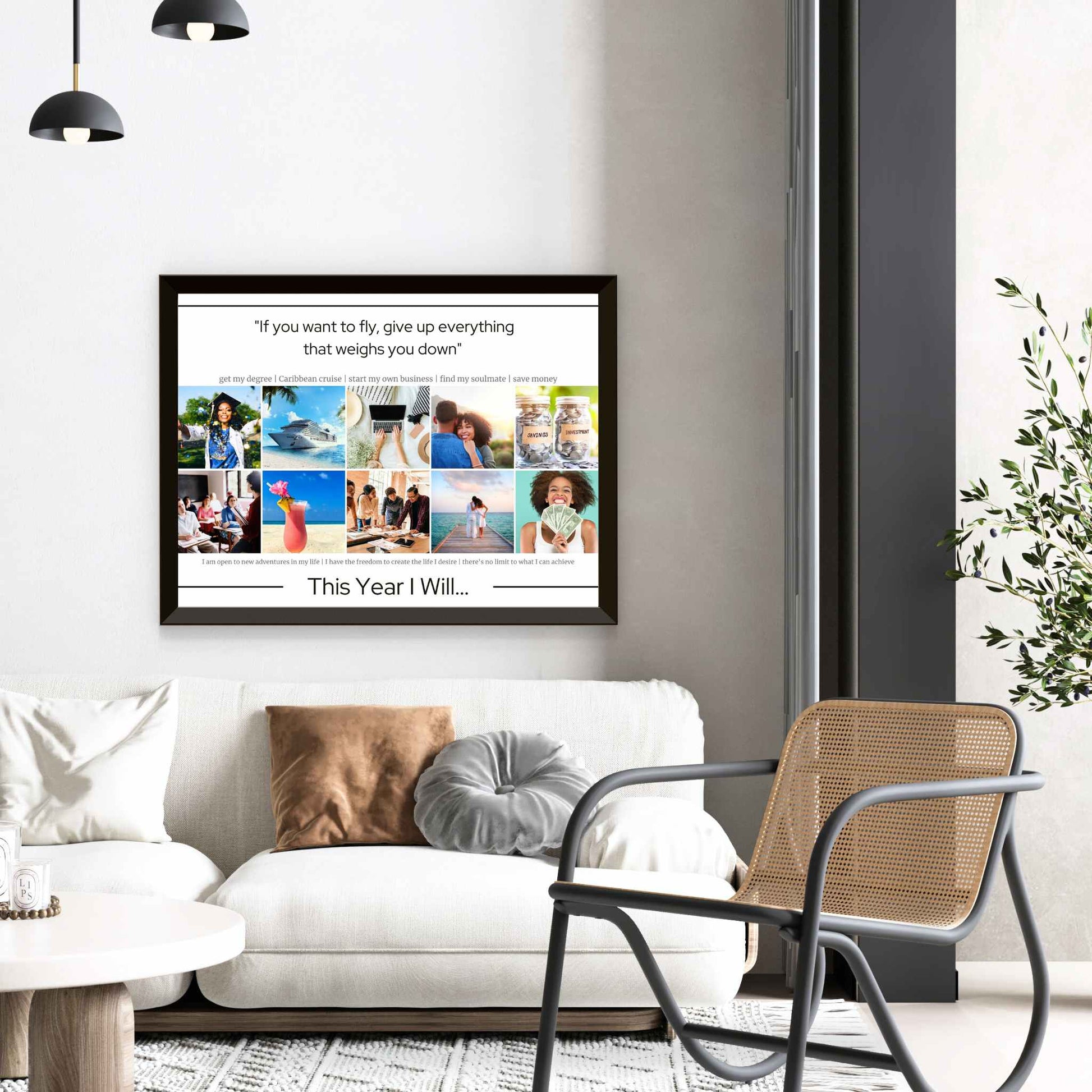 Simple grid collage style vision board design in frame hanging on modern interior wall