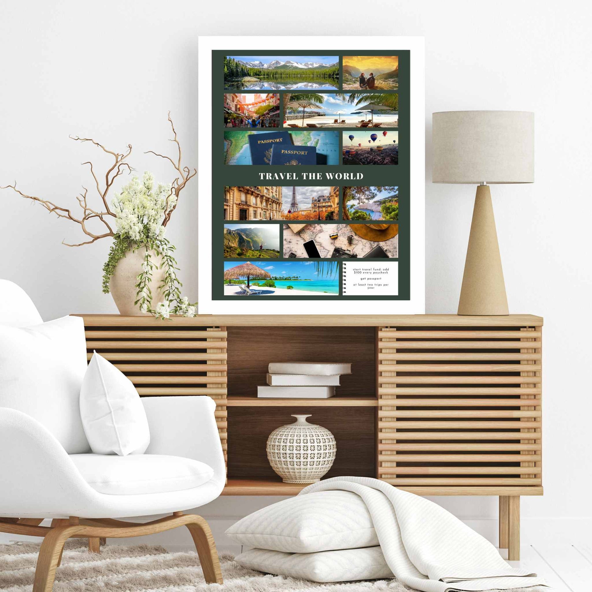 Green travel theme vision board design in frame hanging on wall